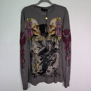 Christian Audigier Thermal Shirt Mens XL Skull Snake Eagle Battle Y2K Tattoo NEW